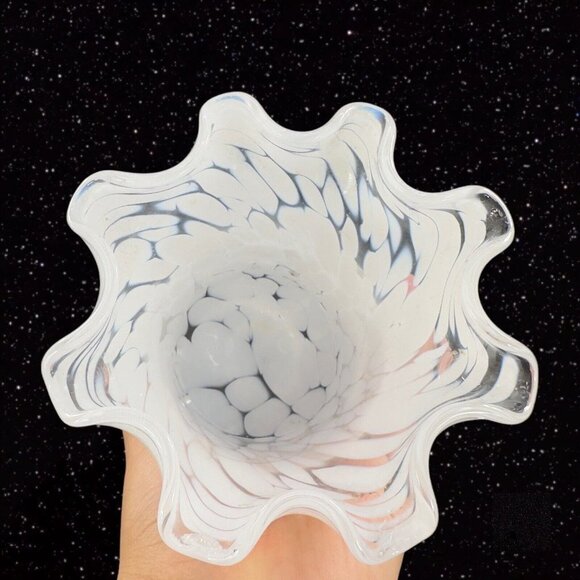 Art Glass Vase With White Specks Dots Ruffled Top Edge Glass Vase Vessel 5”T 5”W - Picture 2 of 15